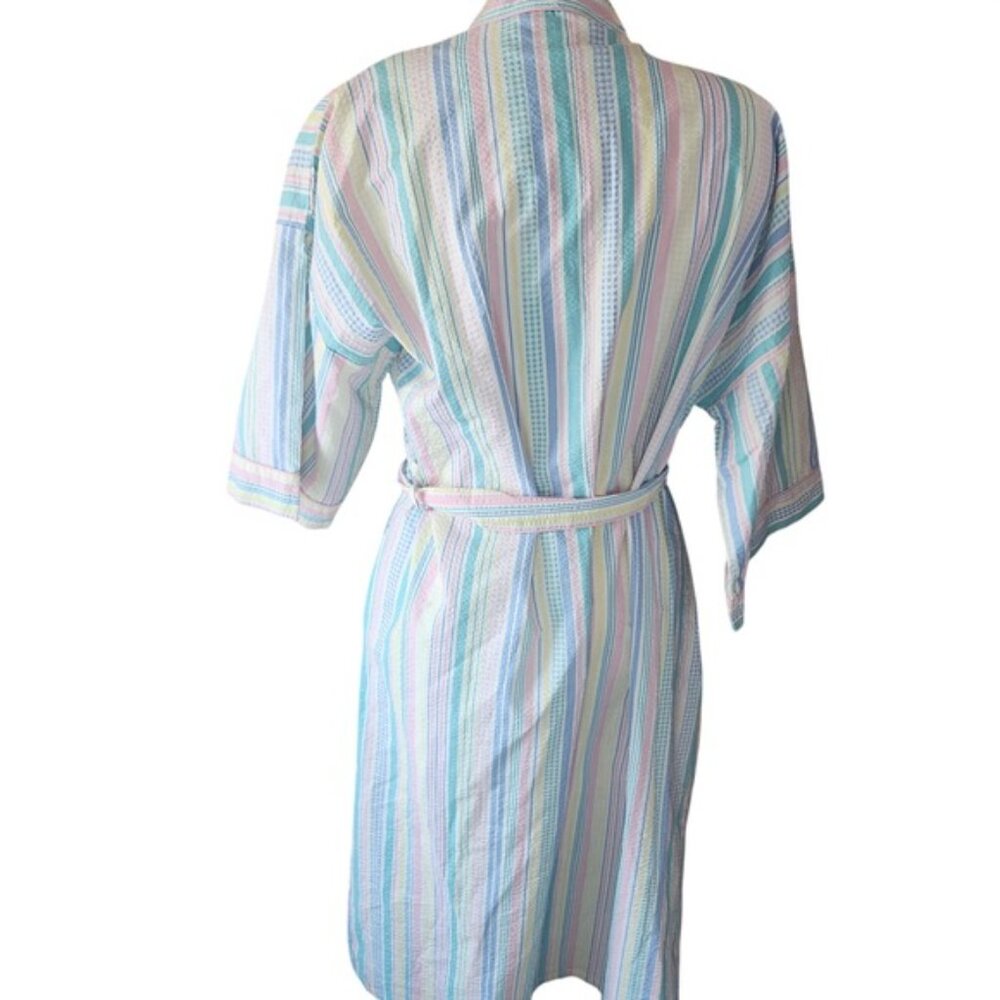 Deadstock Sentiments Pastel Striped Seersucker Cotton Robe Pink Blue Womens M - Picture 3 of 7